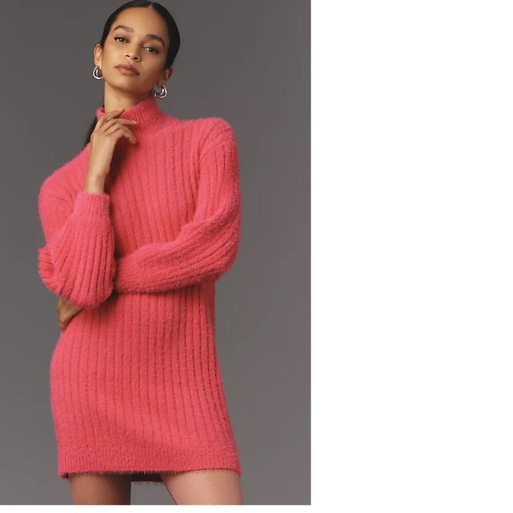 Anthropologie Fuzzy Ribbed Mini Dress in Coral Pink
